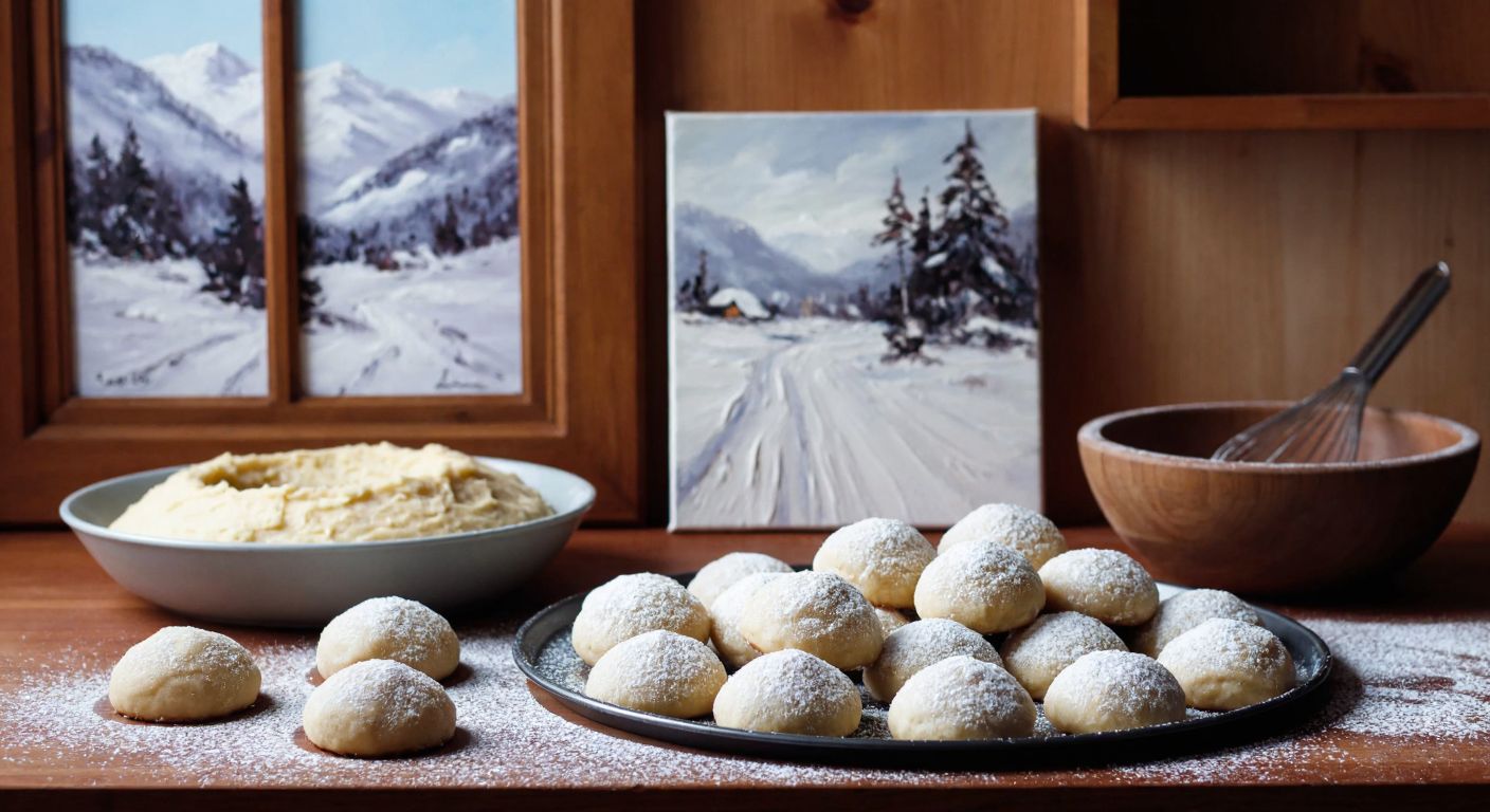A warm Turkish kitchen scene with golden-brown *lapa lapa kar* cookies dusted generously with powdered sugar on a tray, next to a mixing bowl with dough, while a snowy landscape painting with thick white brushstrokes leans against the wall.