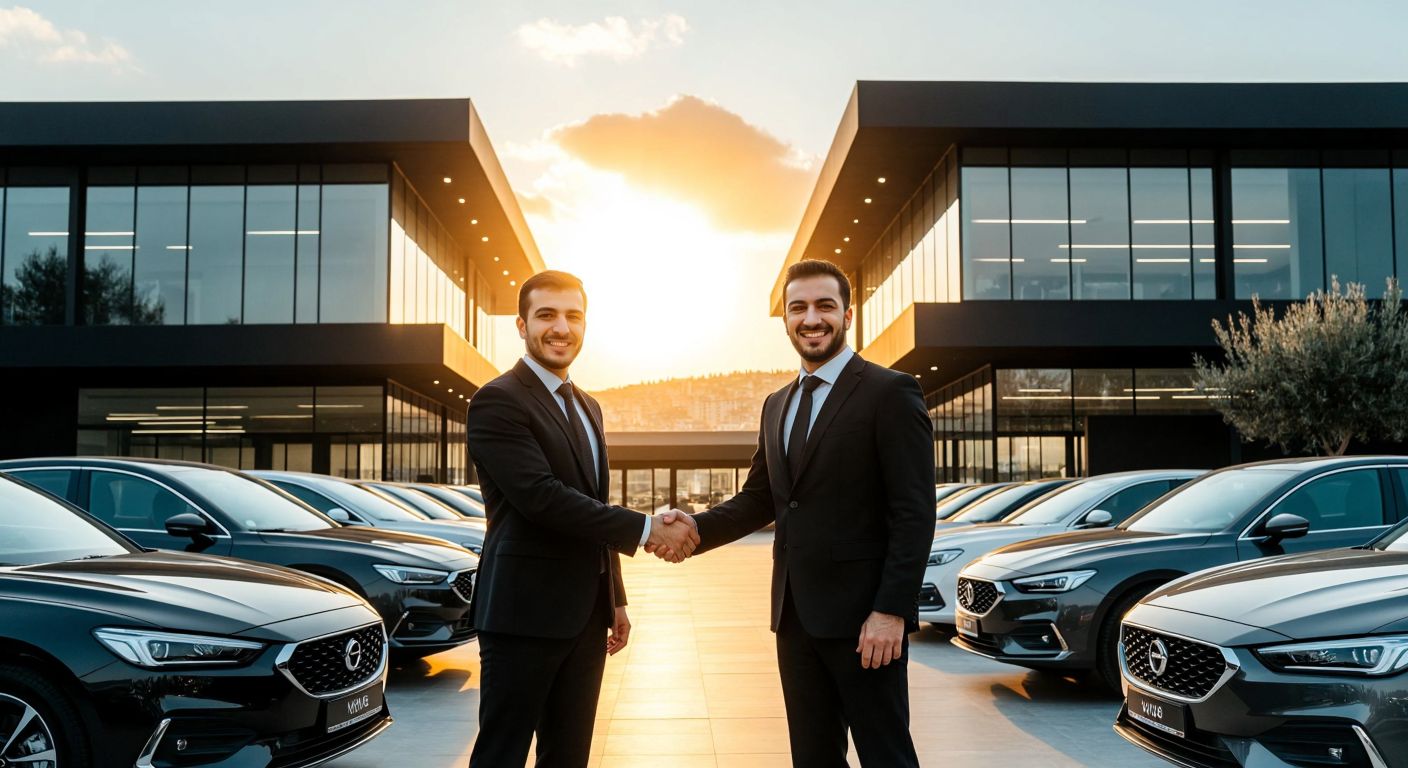 Two sleek, modern car dealership buildings merging into one under a bright Turkish sun, with smiling businessmen in formal attire shaking hands in front of a row of polished vehicles.