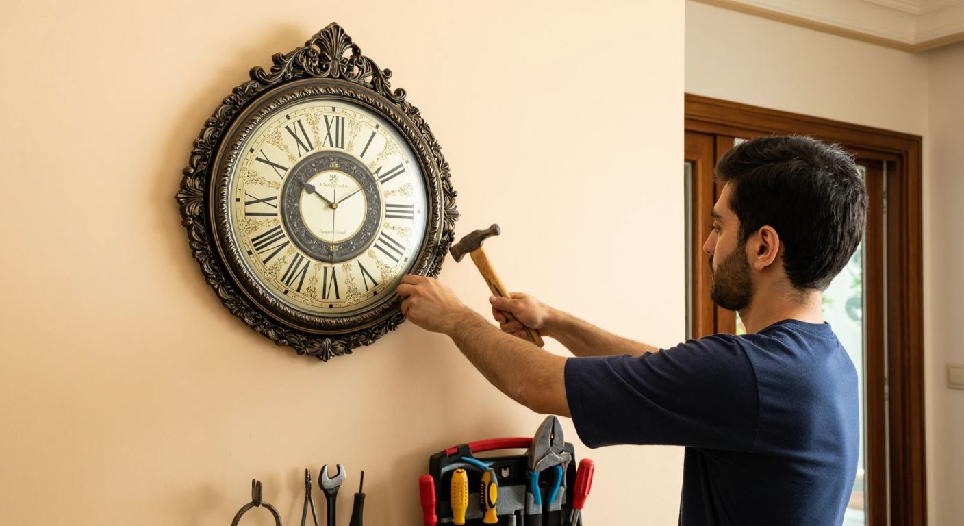A person in a cozy Turkish home carefully hangs a decorative wall clock on a cream-colored wall using a small hammer and nails, with a focused expression and a toolbox nearby.