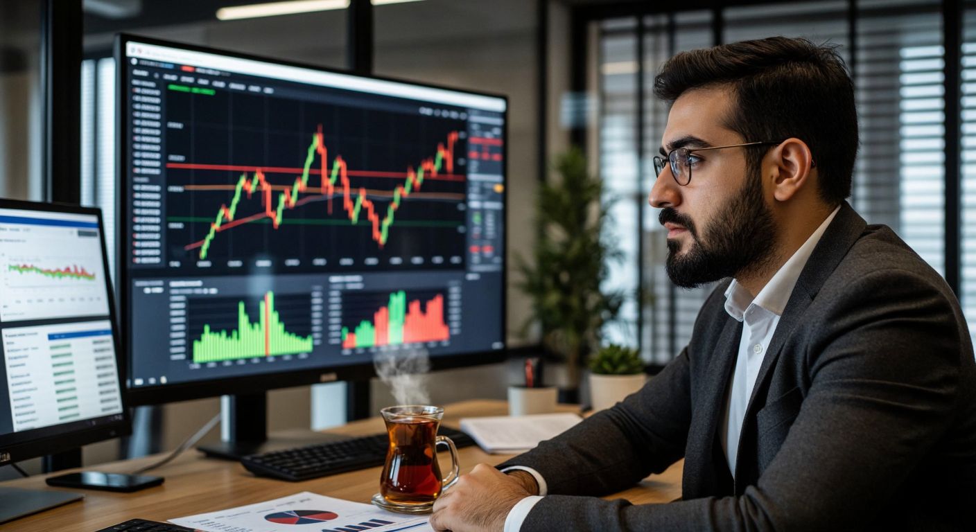 A focused Turkish investor in a modern office studies a stock market chart on a large screen, surrounded by financial reports and a steaming cup of Turkish tea, reflecting strategic analysis and confidence.