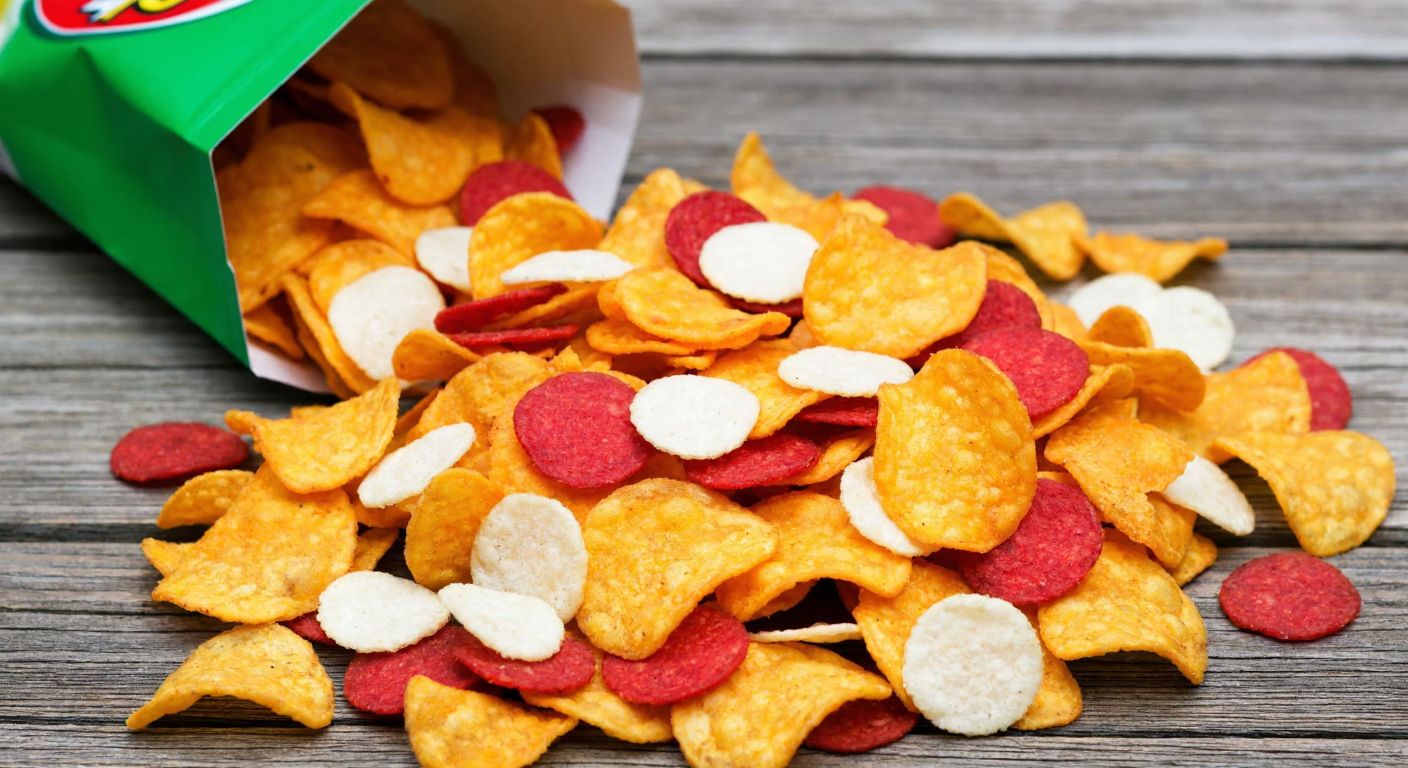 A colorful pile of Frito-Lay chips (Lay's, Ruffles, Doritos, Cheetos) spills out onto a wooden table, with small round Tasos scattered among them, reflecting excitement and nostalgia.