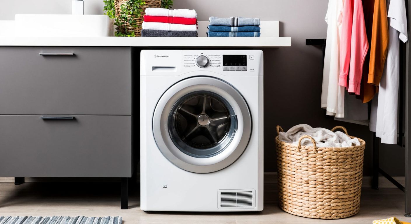 A sleek white dryer with a silver control panel sits in a modern Turkish laundry room, surrounded by neatly folded clothes and a woven laundry basket.