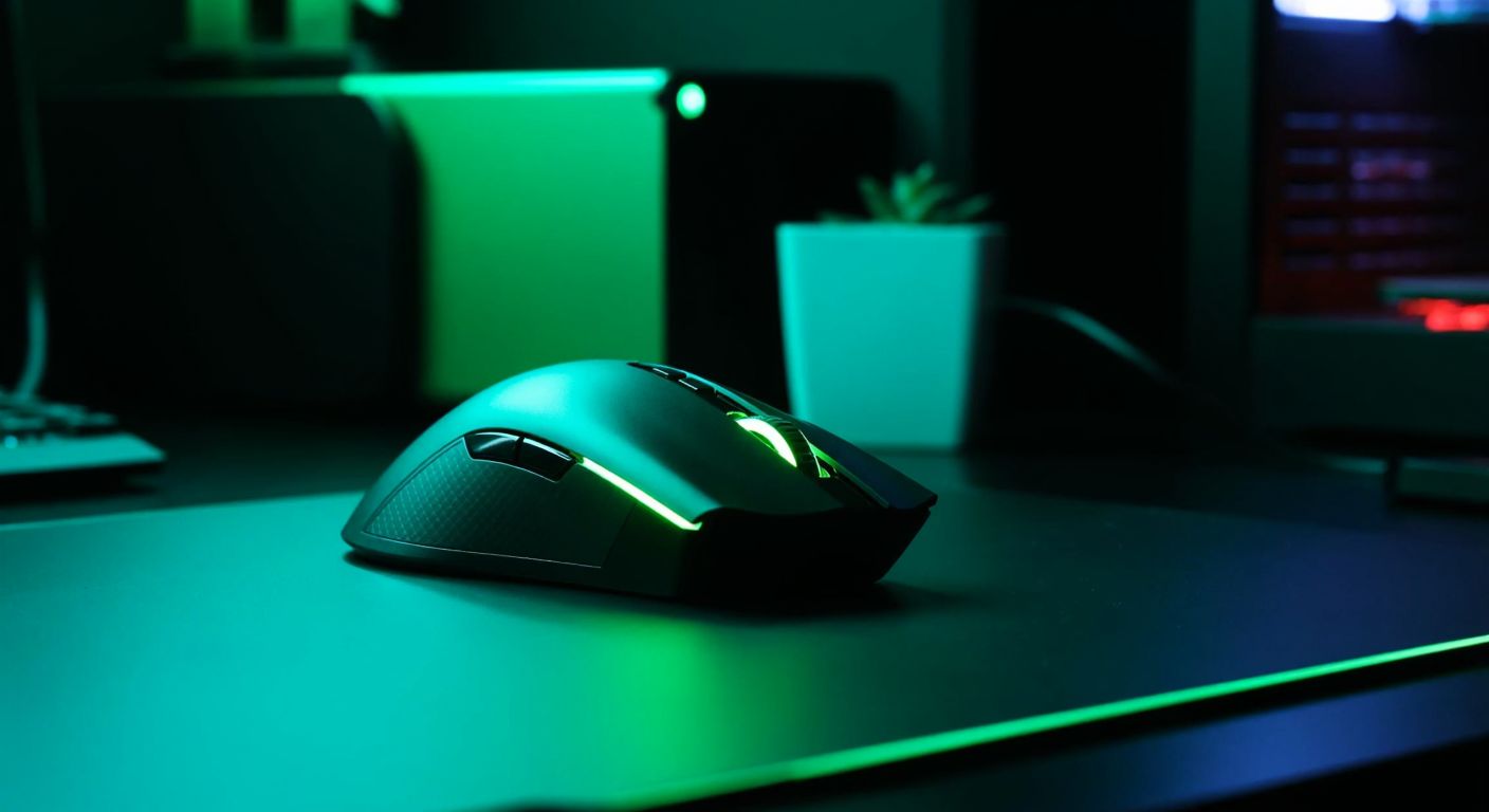 A sleek, futuristic gaming mouse with Razer's signature green glow, placed on a high-tech desk in a dimly lit room, symbolizing the brand's cutting-edge gaming technology.