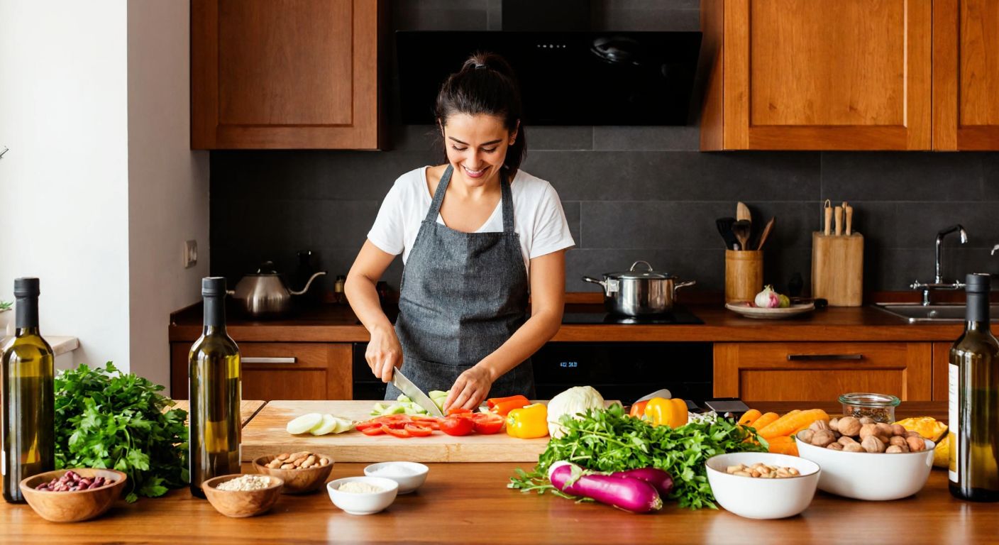 A warm Turkish kitchen with a smiling woman in an apron chopping fresh vegetables on a wooden counter, surrounded by bottles of olive oil, bowls of nuts, and a steaming pot on the stove.
