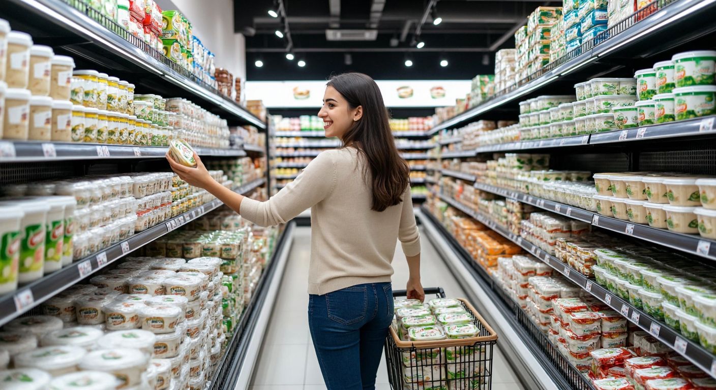 A bright supermarket aisle in Turkey with neatly stacked packages of Kerem brand labneh cheese on a shelf, a smiling shopper in casual clothing reaching for one.