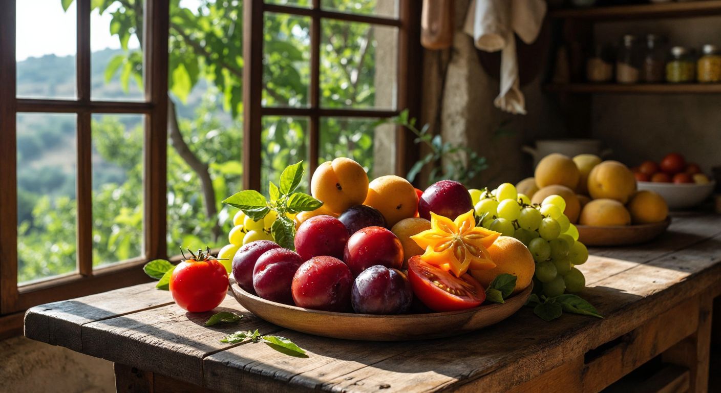A rustic wooden table in a sunlit Turkish kitchen displays a vibrant assortment of fruits starting with "C"—walnuts in their shells, golden can eriği plums, a sliced campari tomato, and a star-shaped carambola, evoking curiosity and freshness.