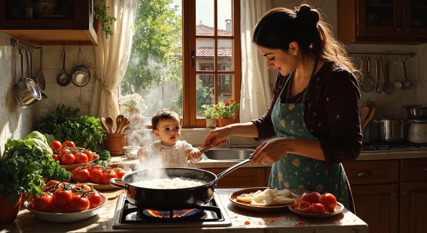 A warm Turkish kitchen with a mother gently stirring a pot of bubbling rice starch over a low flame, while a curious baby in a highchair watches with wide eyes, surrounded by fresh vegetables and clean utensils.
