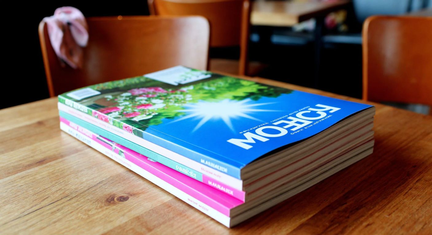 A stack of colorful magazines with a March-themed cover featuring spring flowers and a bright sun, placed on a wooden table in a cozy Turkish café.