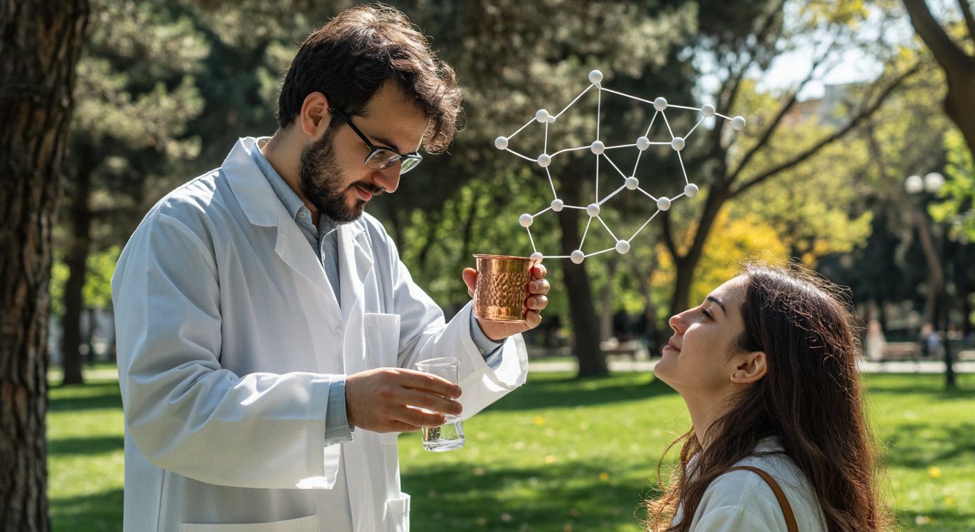 A scientist in a lab coat carefully removes hydrogen atoms from a molecular model while, nearby, a person in a sunny Turkish park drinks water from a traditional copper cup, looking refreshed.