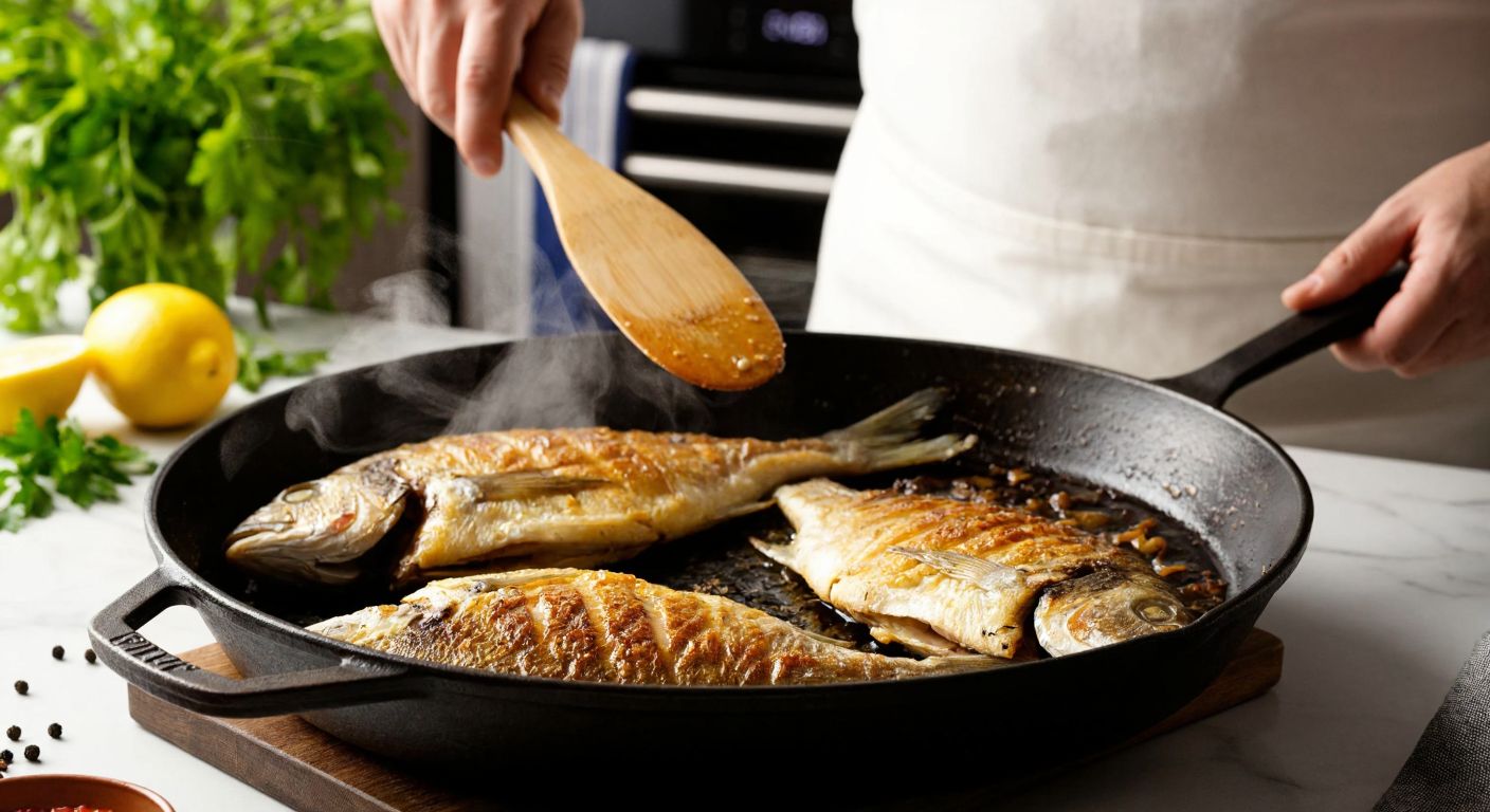 A close-up of a sizzling golden-brown sea bream (çupra) in a black cast-iron pan, with steam rising and a wrinkled-nose chef in a white apron leaning back slightly, holding a wooden spatula, against a backdrop of a Turkish kitchen with fresh herbs and lemons on a marble counter.