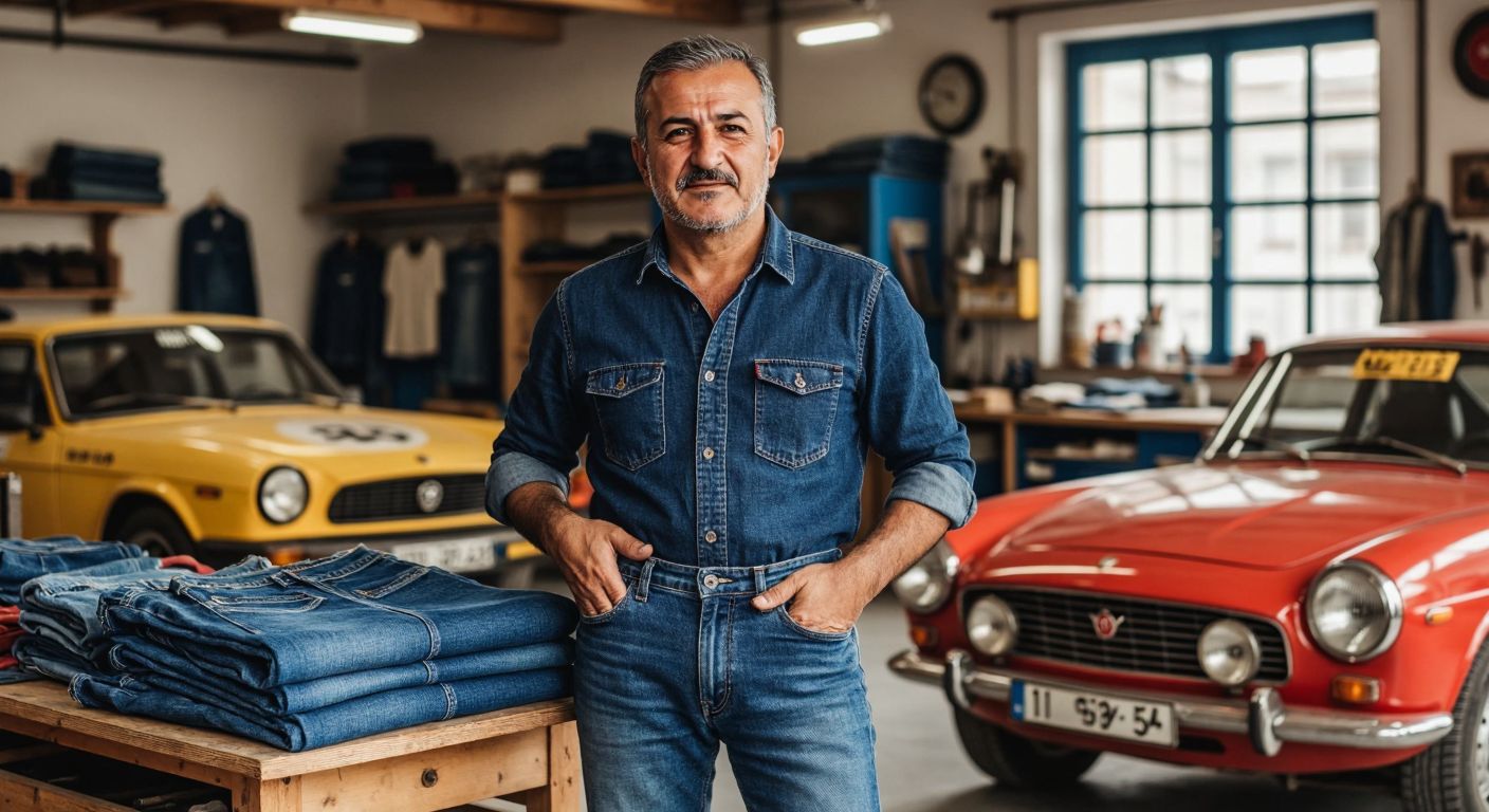 A confident middle-aged Turkish man in a denim workshop, holding a pair of blue jeans, with vintage rally cars visible in the background.