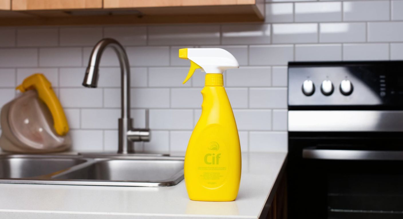 A bright yellow Cif spray bottle sits on a countertop beside a stainless steel sink, surrounded by a sparkling clean ceramic tile backsplash and a freshly scrubbed oven.