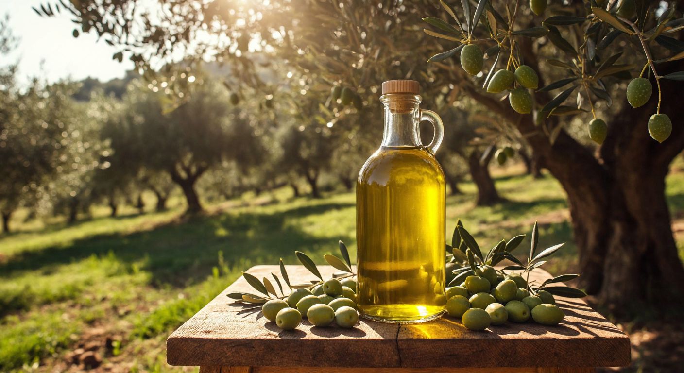 A rustic wooden table in a sunlit Turkish olive grove holds a glass bottle of golden olive oil with a simple label, surrounded by fresh olives and olive branches.