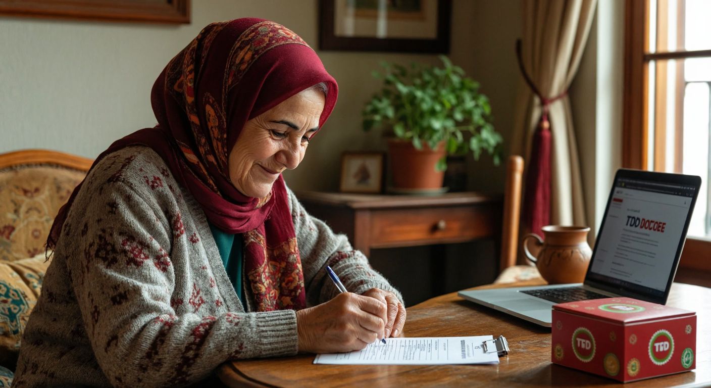 A warm-hearted elderly woman in a cozy Turkish home, wearing a traditional headscarf, carefully fills out a donation form while smiling gently, with a laptop open on the table showing the TOFD website and a small donation box beside her.