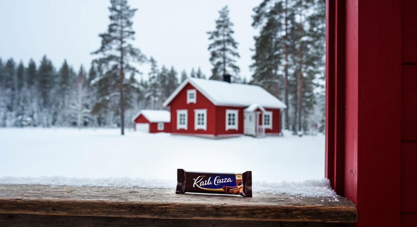 A snowy Finnish landscape with a red wooden cottage, surrounded by pine trees, and a neatly wrapped Karl Fazer chocolate bar resting on a rustic wooden table by the window.
