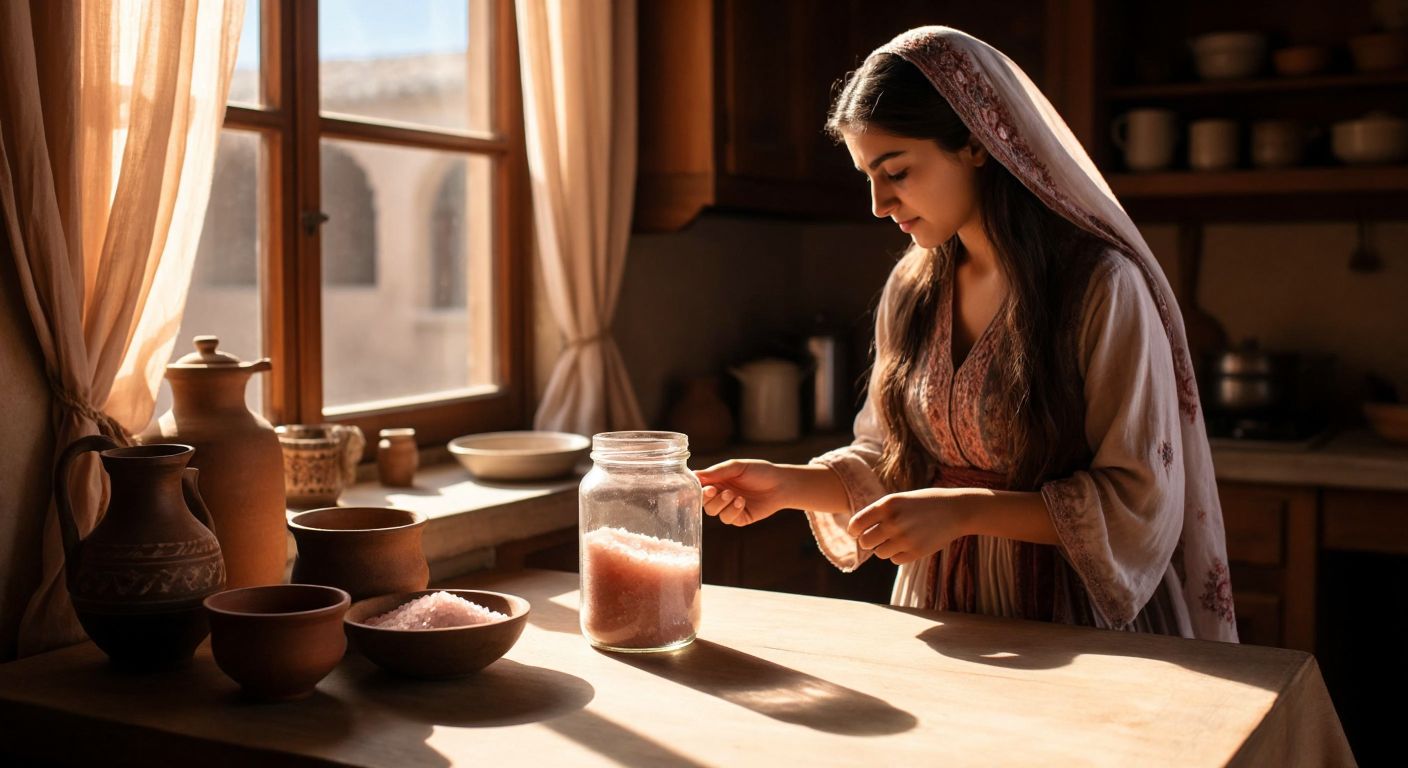 A small glass jar filled with pink Himalayan rock salt sits on a wooden table in a sunlit Turkish kitchen, with a petite woman in traditional dress curiously examining it.