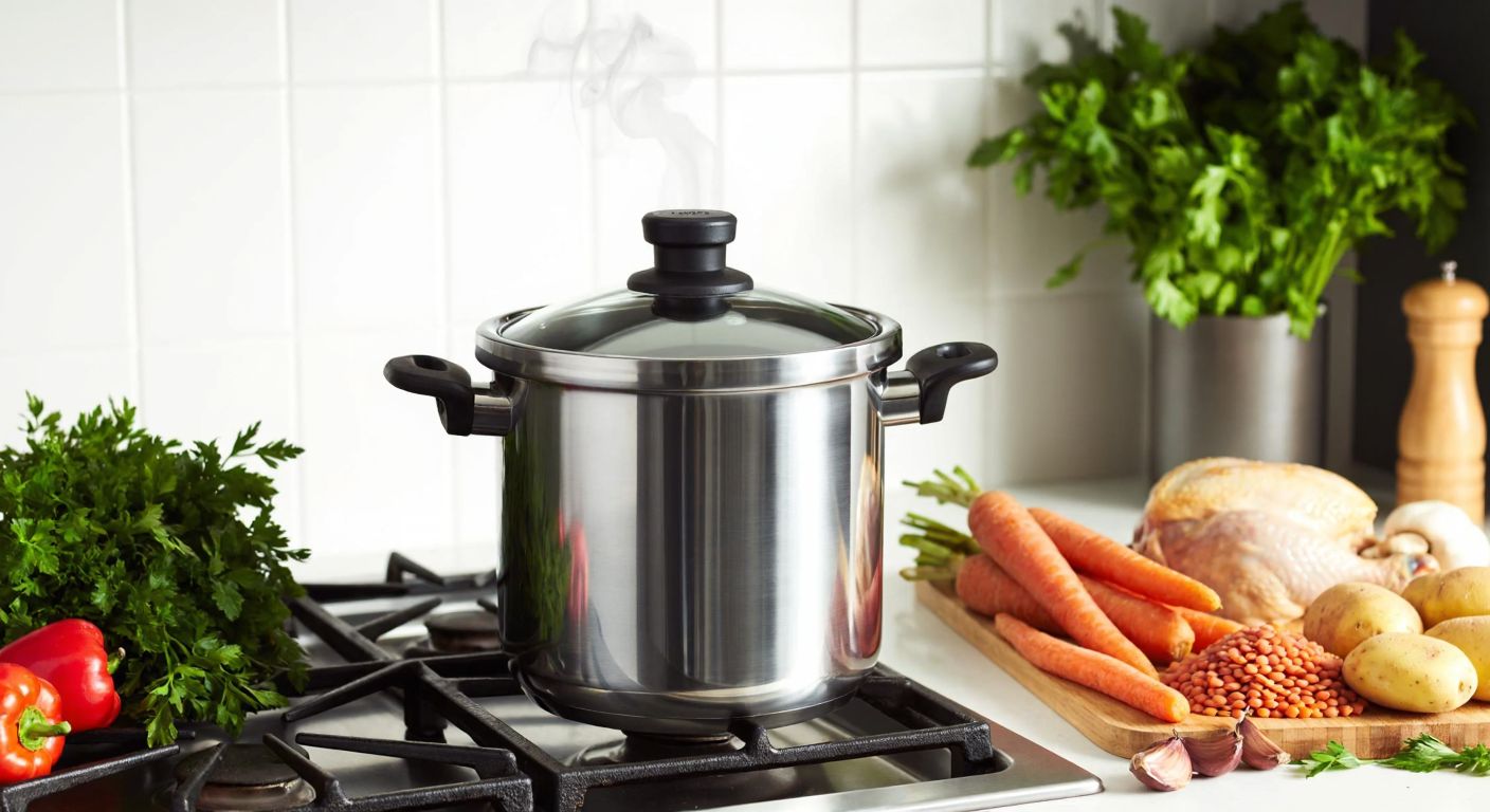 A stainless steel pressure cooker sits on a stovetop, surrounded by fresh ingredients like potatoes, carrots, chicken, and lentils, with steam rising from the pot.
