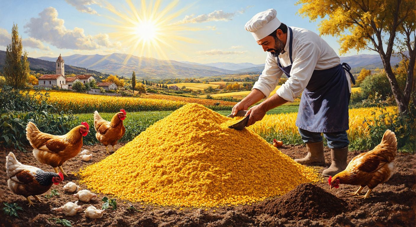 A golden-yellow pile of corn gluten meal surrounded by a farmer feeding chickens, a chef preparing vegan food, a textile worker dyeing fabric, and a gardener fertilizing soil, all under a bright sun in a rural Turkish landscape.