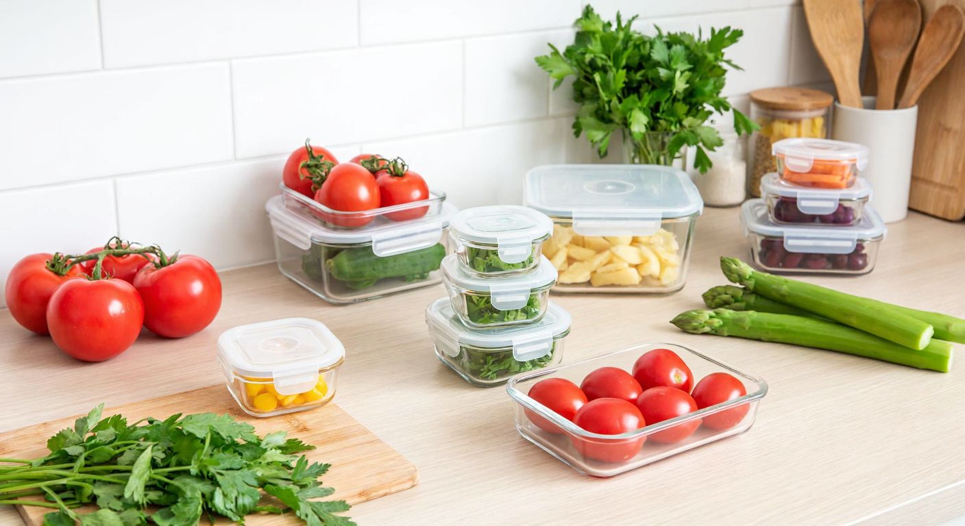 A Turkish kitchen countertop with neatly arranged square food storage containers made of clear glass, BPA-free plastic, and flexible silicone, alongside fresh vegetables and herbs, conveying safety and health-conscious choices.