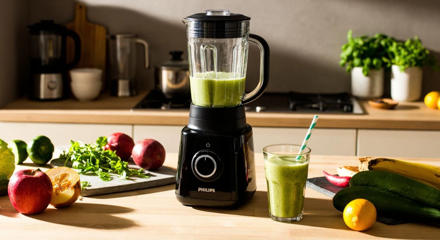 A sleek black Philips blender sits on a sunlit Turkish kitchen counter, surrounded by fresh fruits and vegetables, with a vibrant green smoothie being poured into a glass.