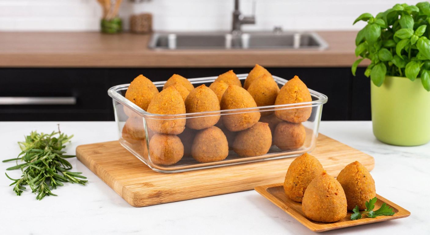 A traditional Turkish kitchen counter with neatly arranged, golden-brown içli köfte inside a clear, airtight glass container, surrounded by fresh herbs and a wooden tray.