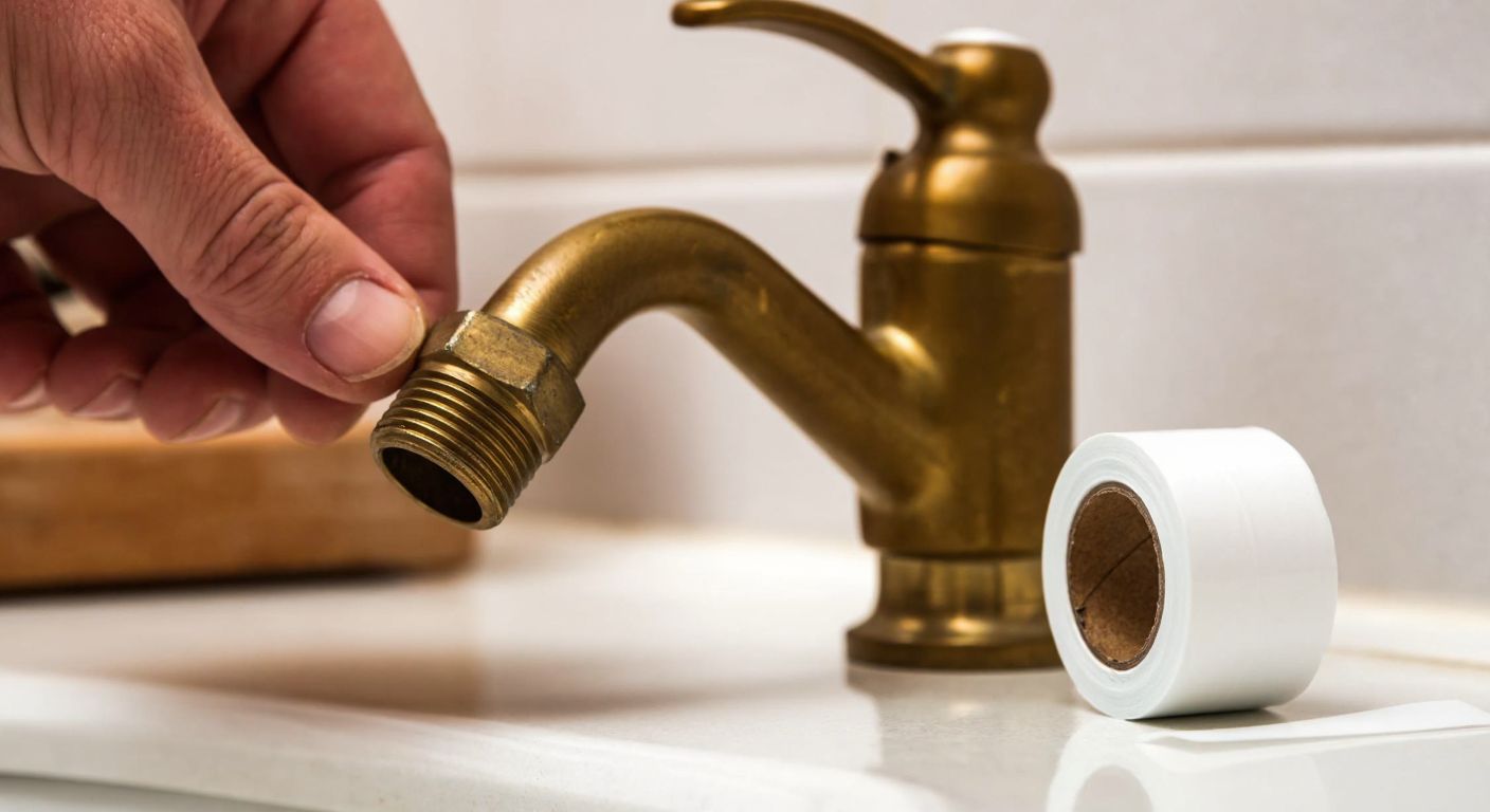 A close-up of a worn brass faucet in a Turkish bathroom, with a hand tightly wrapping a white teflon tape around its threaded pipe, while a small roll of the tape rests on a tiled counter nearby.