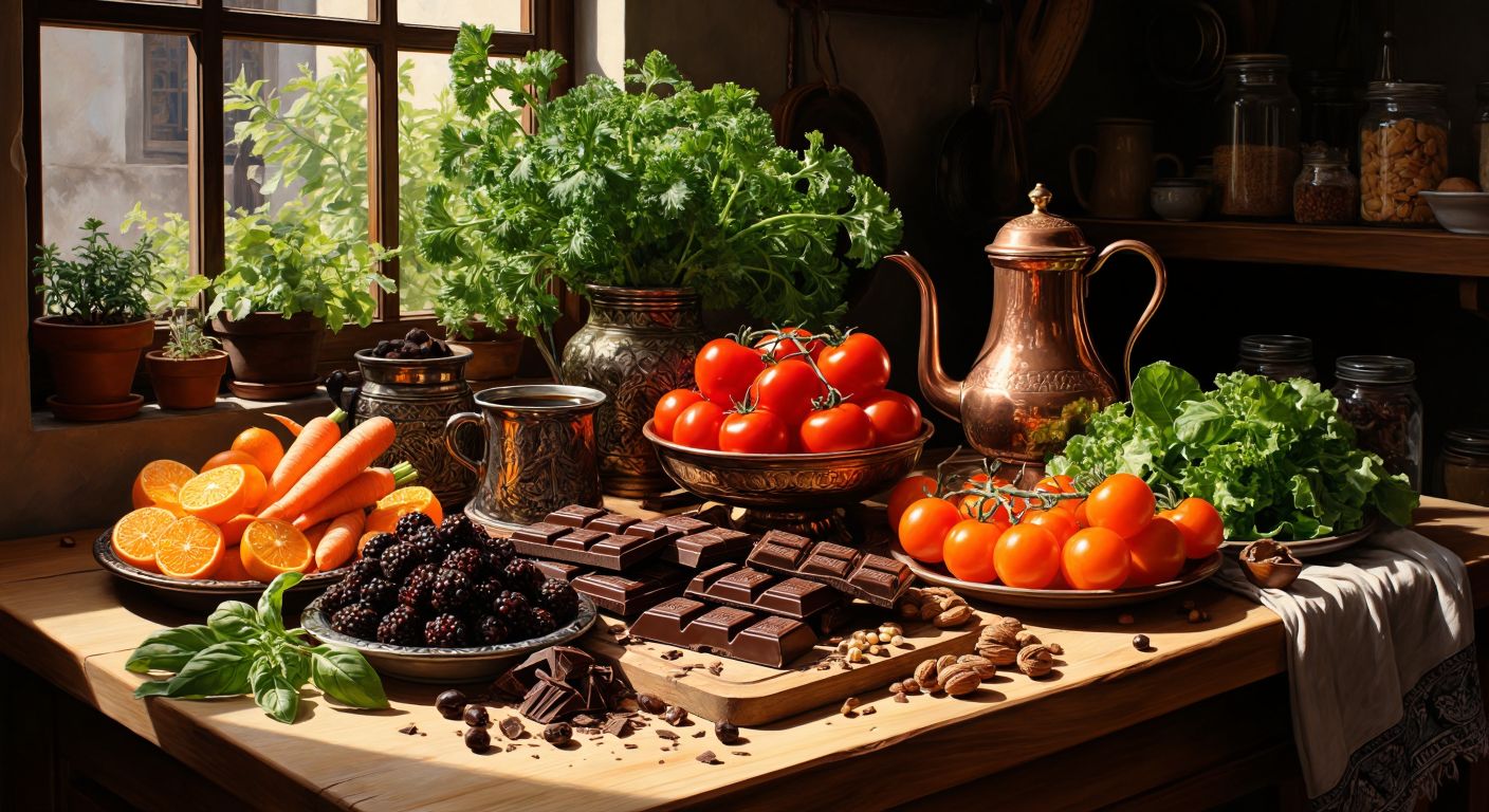 A vibrant wooden table in a sunlit Turkish kitchen displays a rich assortment of dark chocolate squares, freshly brewed coffee in a copper cezve, leafy greens like spinach, bright orange carrots, ripe tomatoes, roasted nuts, and citrus fruits, evoking warmth and nourishment.