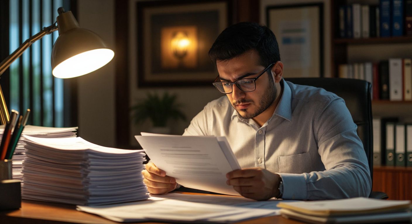 A focused Turkish accountant in a tidy office, wearing glasses and a formal shirt, carefully examining a stack of tax refund documents and business registration papers under warm lamplight.