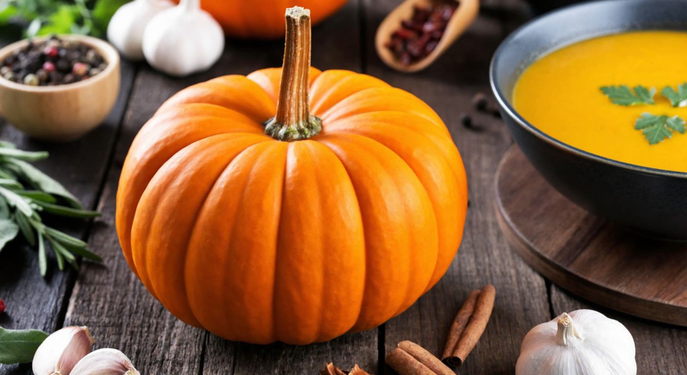 A vibrant orange pumpkin sits on a rustic wooden table surrounded by fresh ingredients like herbs and spices, a steaming bowl of pumpkin soup, and a slice of pumpkin pie, evoking warmth and nourishment in a cozy Turkish kitchen.