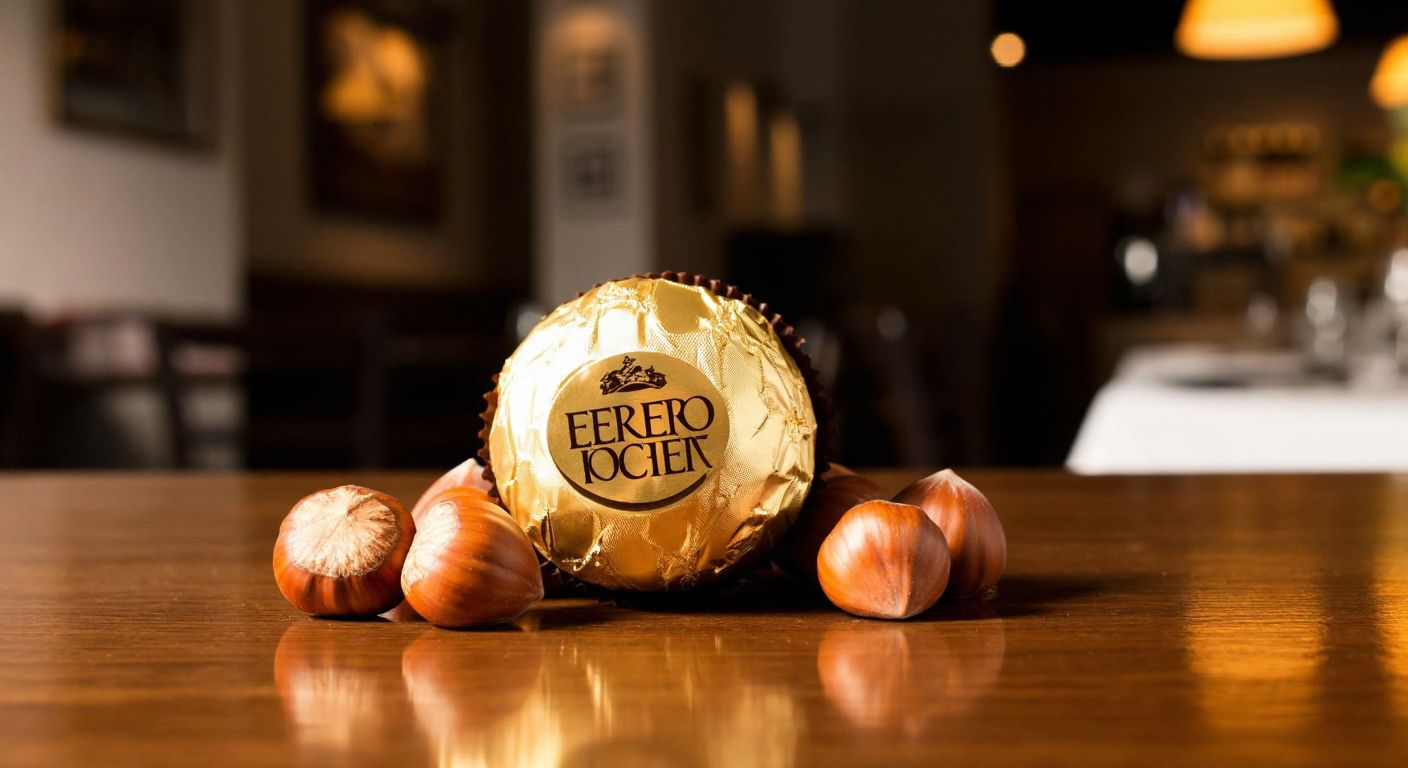 A golden-wrapped Ferrero Rocher chocolate resting on a polished wooden table, surrounded by hazelnuts and a warm, dimly lit Italian café setting in the background.