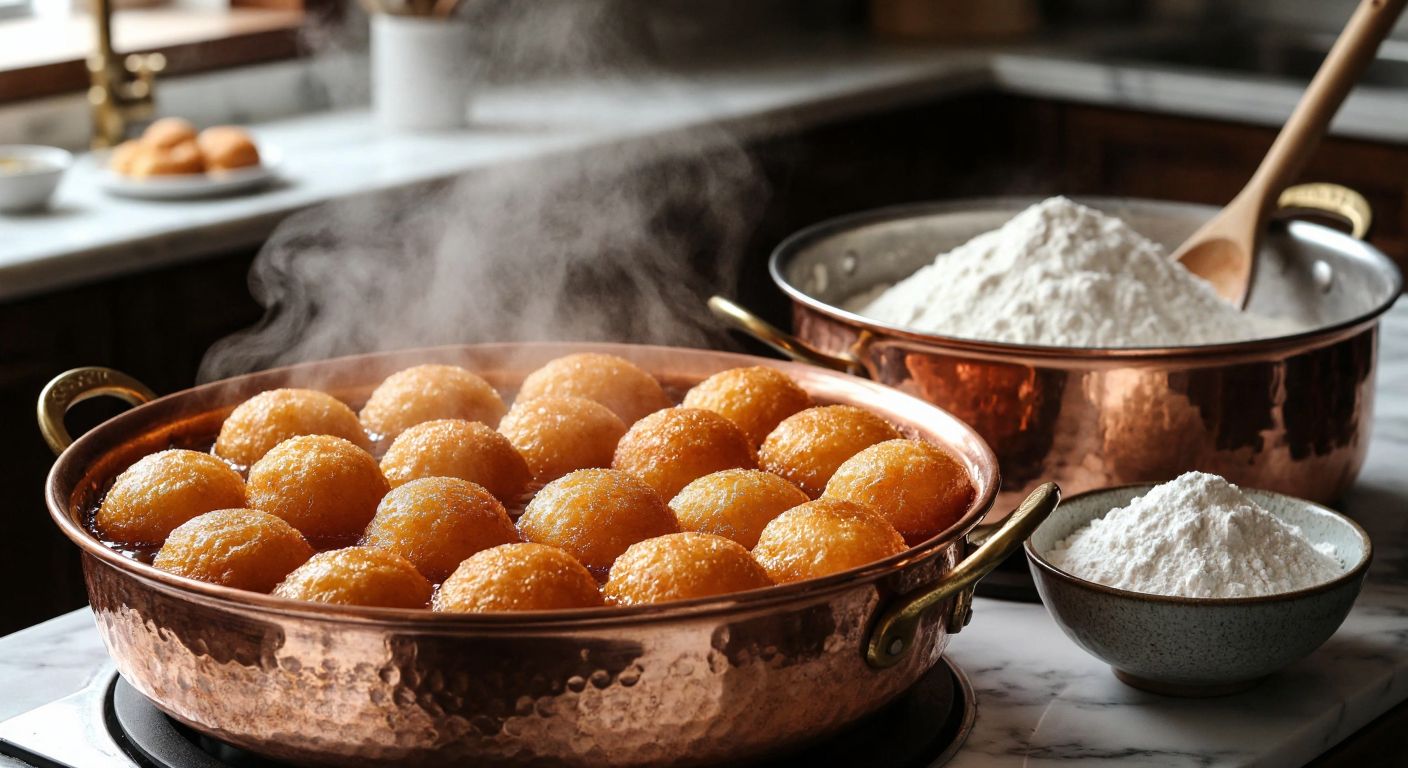 A warm Turkish kitchen with golden-brown tulumba pastries frying in a deep copper pot, steam rising as a wooden spoon stirs a pot of syrupy glaze nearby, and a bowl of freshly sifted flour sits on a marble counter.