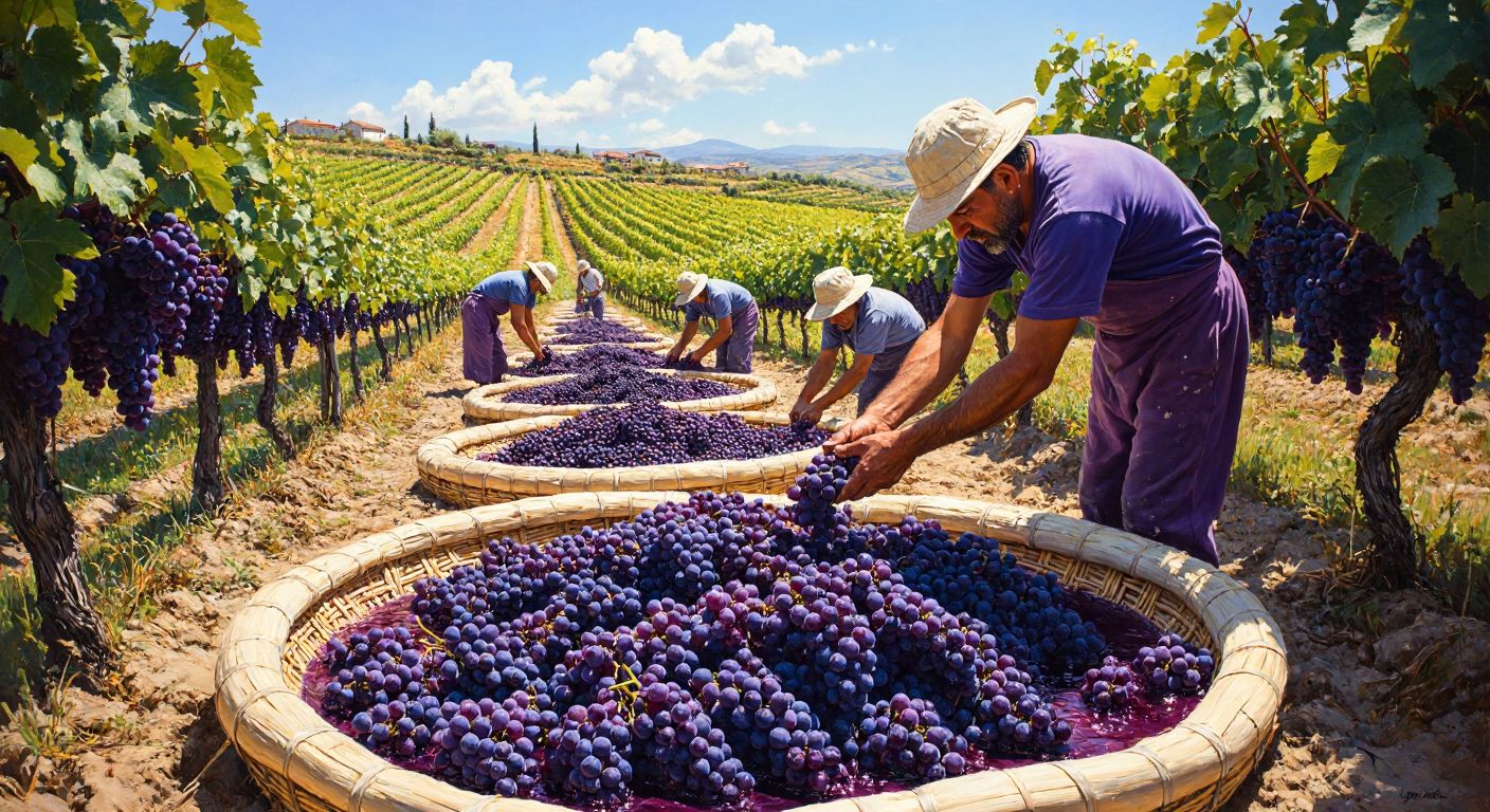 A sunlit Turkish vineyard with workers carefully dipping clusters of plump purple grapes into a sulfur solution before laying them out to dry on woven mats.