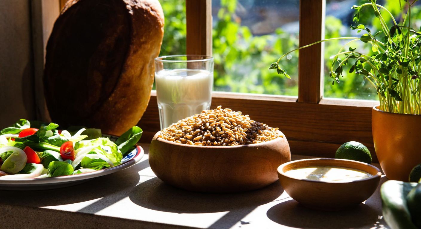 A vibrant Turkish kitchen scene with a wooden bowl of sprouted wheat surrounded by fresh salad ingredients, a glass of yogurt with wheat sprouts, a rustic loaf of bread, and a steaming bowl of soup, all bathed in warm sunlight.