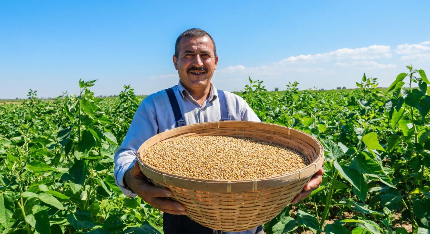 A Turkish farmer in a sunlit soybean field, smiling while holding a large woven basket overflowing with golden soybeans, surrounded by lush green plants under a bright blue sky.