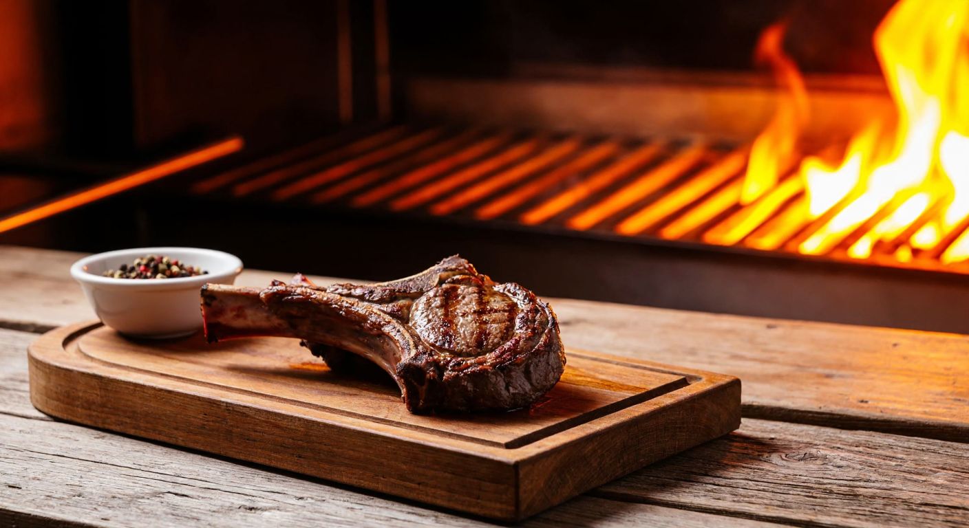 A sizzling lamb rib cutlet resting on a rustic wooden table beside a small bowl of spices, with a warm golden glow from a nearby grill in a Turkish kitchen.