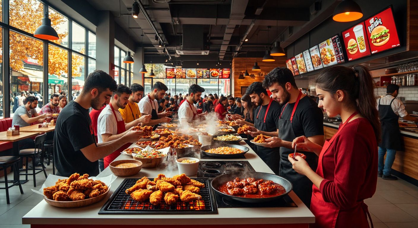 A bustling fast-food restaurant in Turkey with a diverse crowd of young people enjoying crispy fried chicken and dipping sauces, while chefs in the background prepare fresh, sizzling dishes in a vibrant, modern setting.