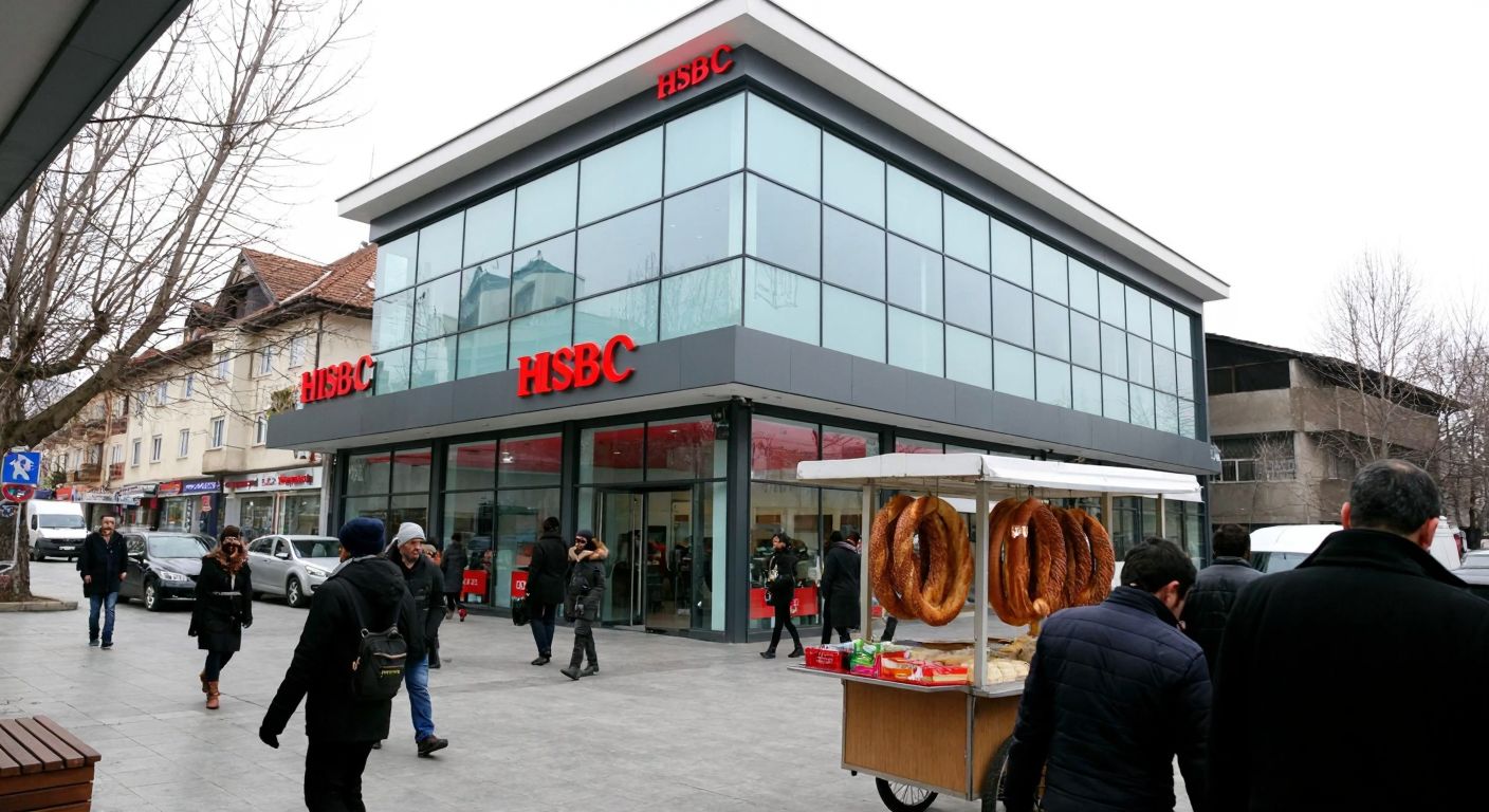 A modern HSBC bank branch with a glass facade and red logo accents, nestled on a bustling street in Ankara, with people in casual winter attire walking past and a nearby simit vendor.