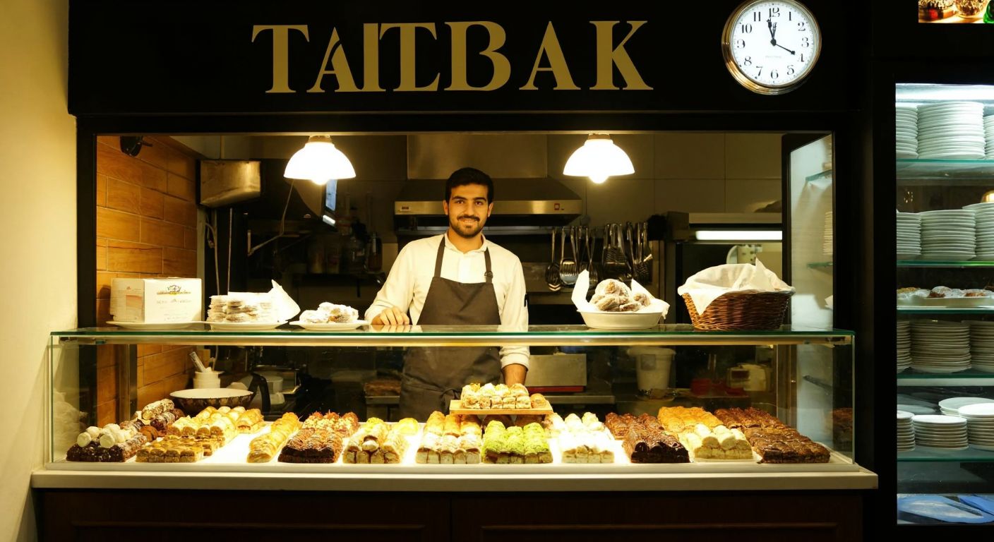 A warm-lit Tatlıbak pastry shop in Istanbul with a glass display full of Turkish desserts, a smiling baker in an apron behind the counter, and a clock on the wall showing the time nearing closing.