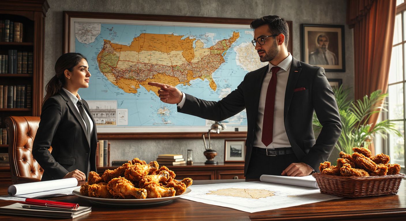 A well-dressed consultant in a sleek office points to a map of Turkey while a franchise owner nods thoughtfully, surrounded by architectural blueprints and a steaming plate of golden fried chicken.