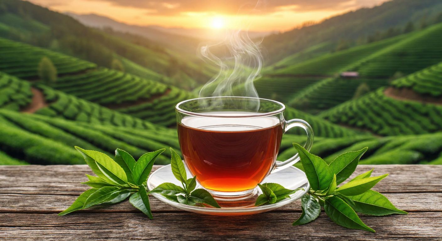 A steaming cup of dark amber tea with fresh green tea leaves scattered around it, set on a rustic wooden table overlooking lush Rize tea fields under a soft golden sunrise.
