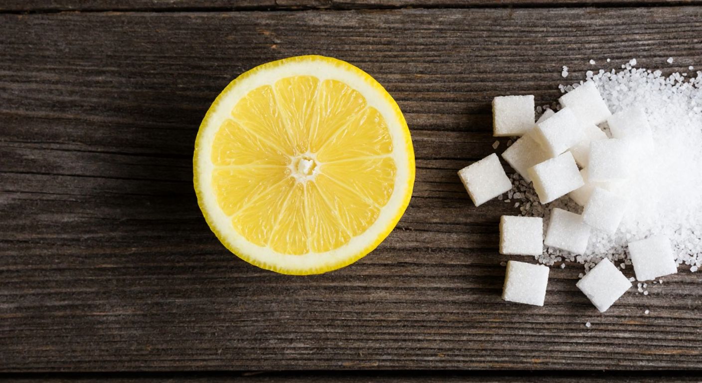 A bright yellow lemon sliced in half on a rustic wooden table, with a few scattered sugar cubes nearby, emphasizing its natural tartness and low sugar content.