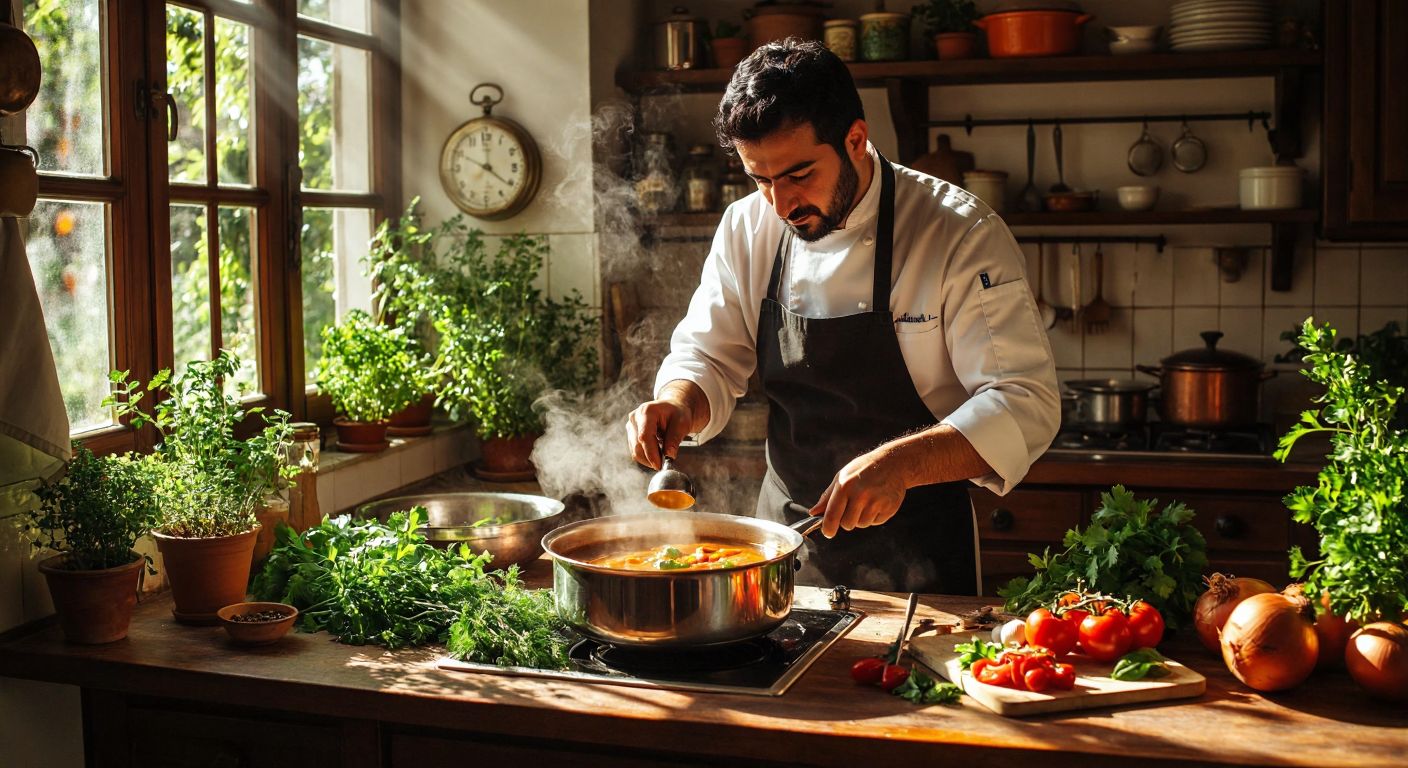 A Turkish chef in a sunlit kitchen presses a small mechanical stopwatch while stirring a bubbling pot of stew, with fresh herbs and vegetables scattered on the counter.