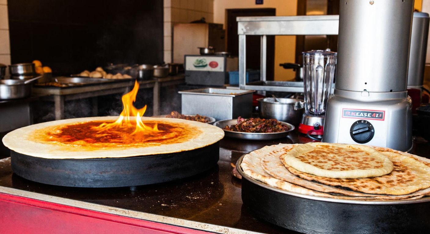 A bustling Turkish kitchen with a large gözleme sacı sizzling over a flame, a hamur yoğurma makinesi kneading dough nearby, and a blender mixing fresh ingredients, surrounded by warm golden gözleme stacked on a wooden tray.