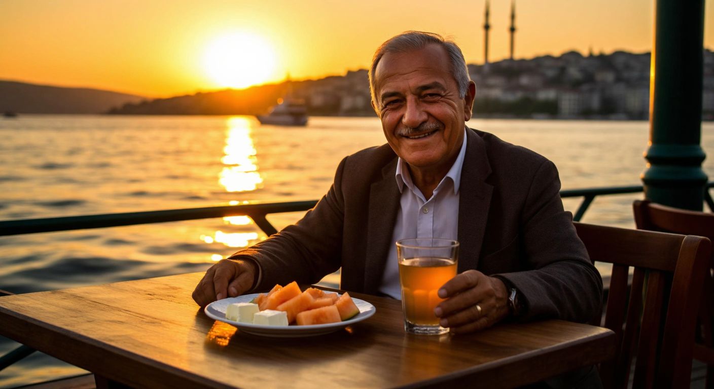 A distinguished elderly Turkish man with a warm smile sits at a wooden table by the Bosphorus, holding a glass of clear rakı with a side plate of white cheese and melon, the golden sunset reflecting on the water behind him.