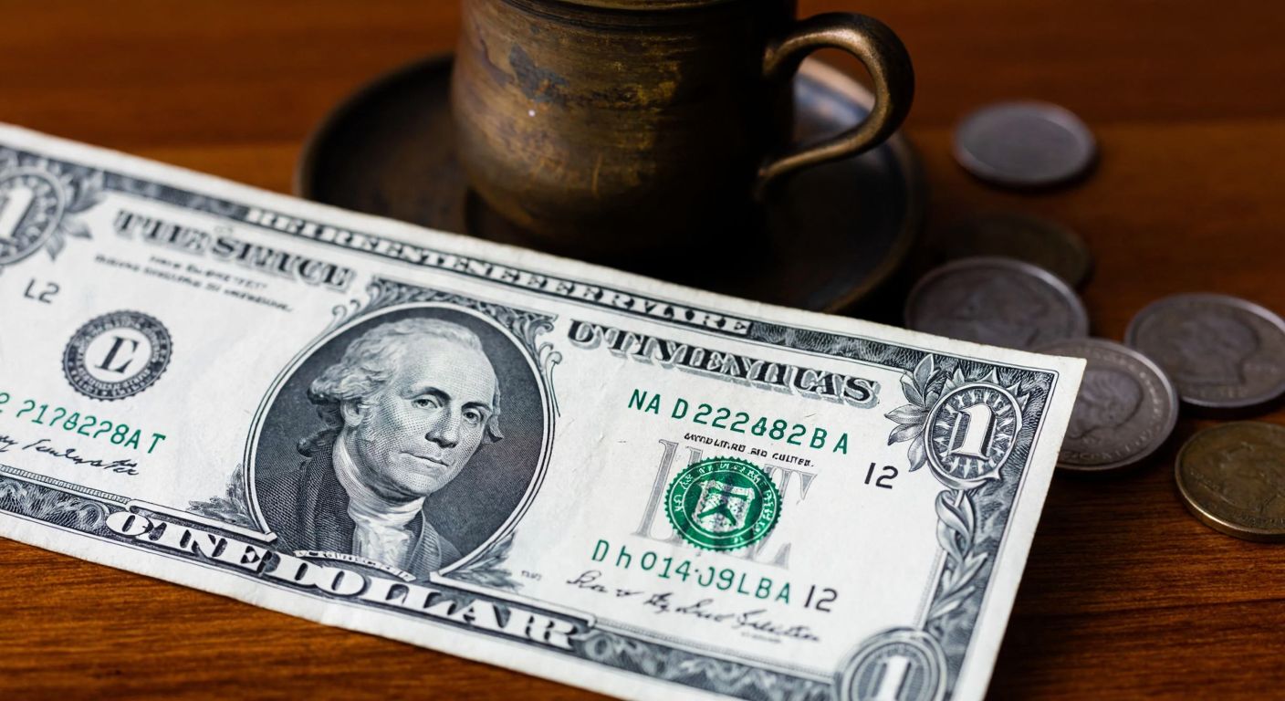 A close-up of a weathered one-dollar bill with two prominent zeros, resting on a wooden table beside an old Turkish coffee cup and a scattered pile of historical coins.