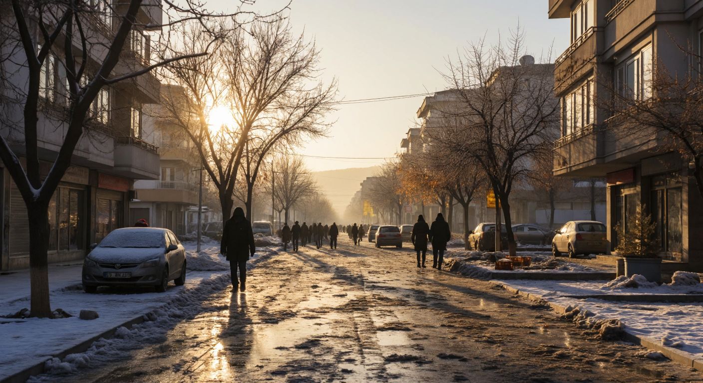 A frosty winter morning in Adıyaman, with icy patches on cobblestone streets, bare trees, and people bundled in thick coats and scarves, their breath visible in the crisp air.