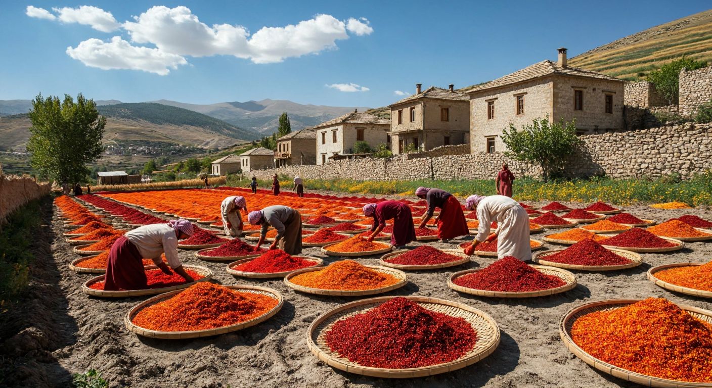 A sun-drenched field in Elbistan, Kahramanmaraş, with vibrant red pepper flakes drying on woven trays, surrounded by traditional stone houses and farmers in loose cotton clothing tending to the harvest.