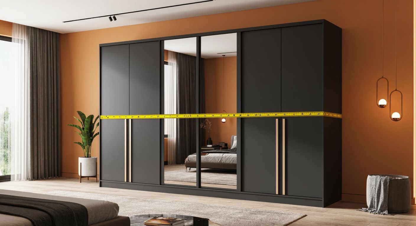 A sleek, modern five-door wardrobe in a Turkish home, with a tape measure stretched across its width to emphasize its dimensions, set against warm-toned walls and soft lighting.