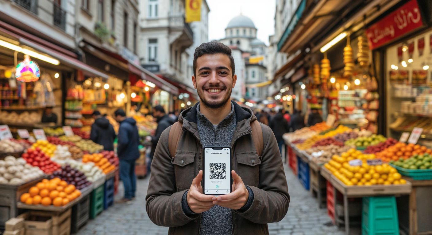 A young entrepreneur in Istanbul smiles while holding a smartphone displaying a colorful QR code, with a bustling bazaar and small vendors in the background, symbolizing digital payment solutions bridging traditional commerce.