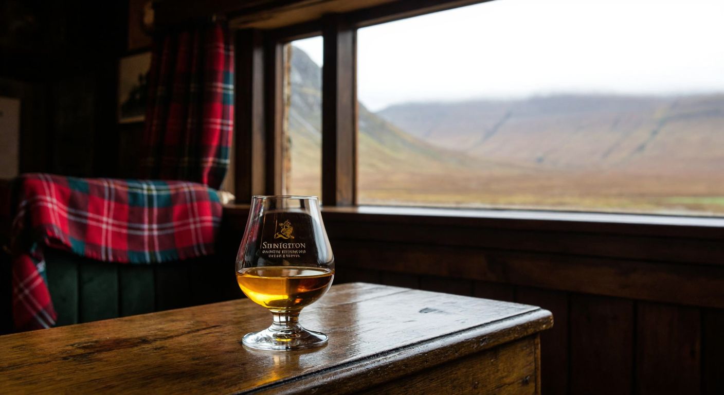 A rustic wooden bar in a cozy Scottish pub with a golden-hued glass of Singleton whisky resting on it, surrounded by tartan fabric and a misty highland landscape visible through a small window.